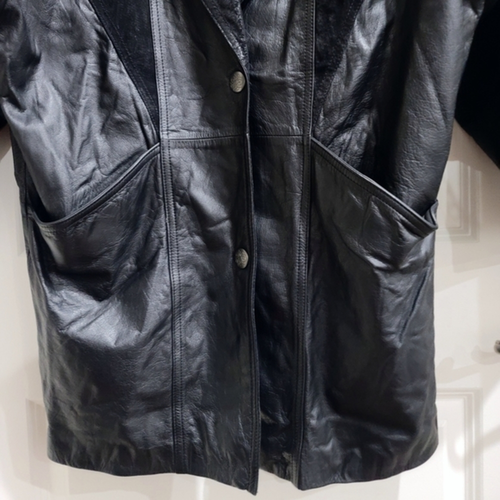 Winlit ✦ 80s Black Genuine Leather Trench Coat ✦ Paneled Longline Vintage Broad - Picture 12 of 16
